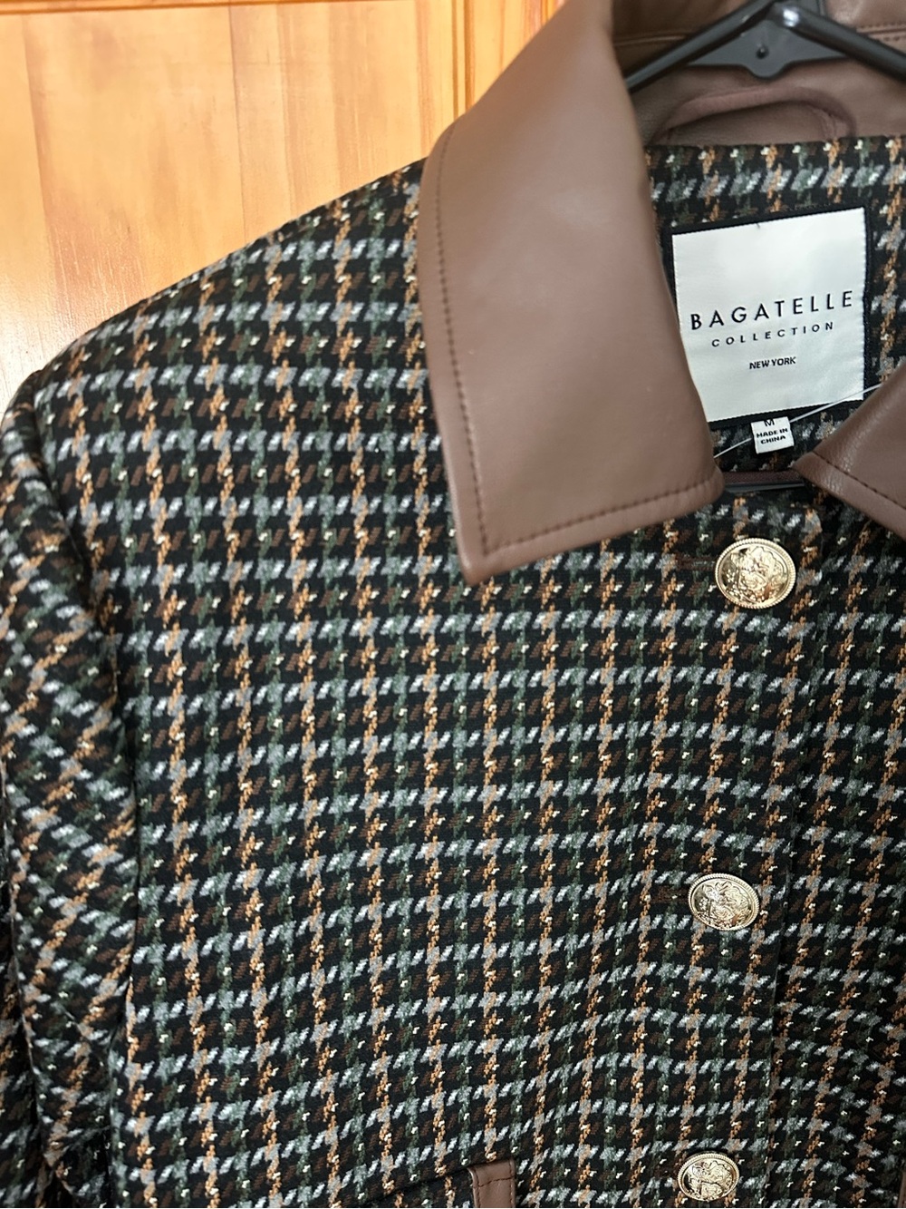 NWT BAGATELLE COLLECTION Houndstooth Jacquard Jacket With Faux Leather Colla - Picture 6 of 14